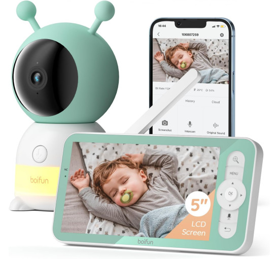 Радіоняня BOIFUN Baby6T 2K WiFi з камерою та аудіо, інтелектуальним датчиком руху та звуку, зелений (my-20056)