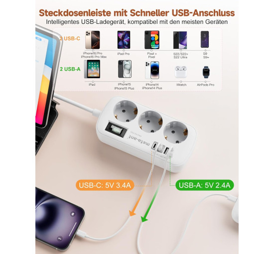 Сетевой удлинитель Meta-Ant 6188-1.5M с USB 3,4 А, 17 Вт, белый (my-20097)