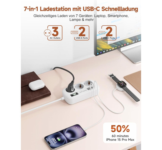 Сетевой удлинитель Meta-Ant 6188-1.5M с USB 3,4 А, 17 Вт, белый (my-20097)