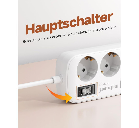 Сетевой удлинитель Meta-Ant 6188-1.5M с USB 3,4 А, 17 Вт, белый (my-20097)