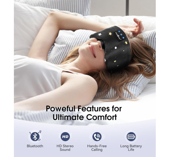 Шелковая Bluetooth-маска для сна MUSICOZY с HD-стереозвуком, регулируемый размер, 100% блокировка света, черный (my-20011)