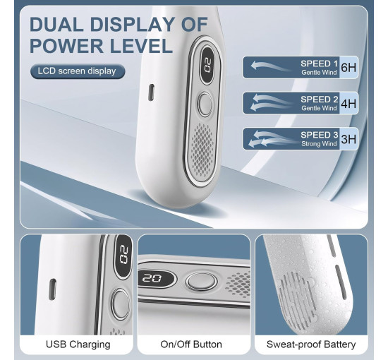 Складаний шийний вентилятор Colexy, 3-швидкісний, із зарядкою від міні-USB та світлодіодним дисплеєм, чорний (my-20022)