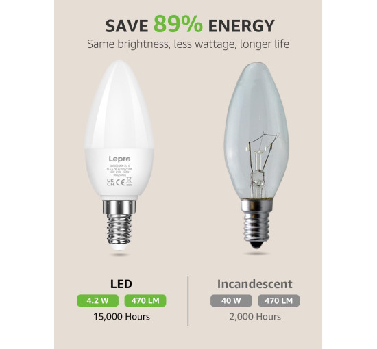 Світлодіодна лампа Lepro E14, 4,2 Вт, тепле біле світло 2700 К, упаковка з 6 шт. (my-20209)