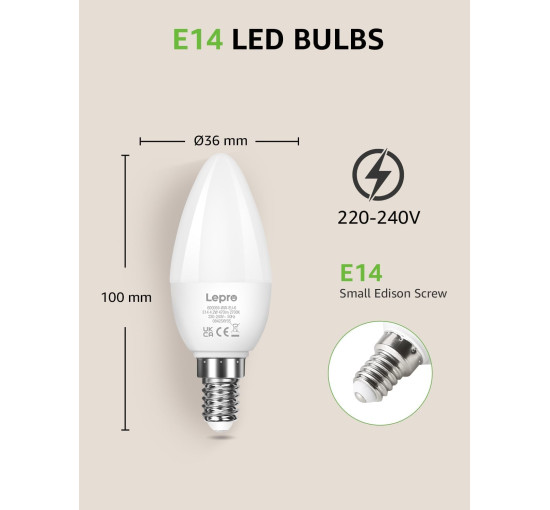 Світлодіодна лампа Lepro E14, 4,2 Вт, тепле біле світло 2700 К, упаковка з 6 шт. (my-20209)