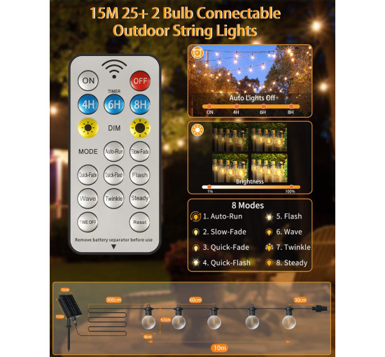 Світлодіодні гірлянди Bzavor LP68, 2700 К, на сонячних батареях, вуличні лампочки G40, теплий білий (my-20040)