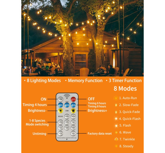 Світлодіодні гірлянди Bzavor LP68, 2700 К, на сонячних батареях, вуличні лампочки G40, теплий білий (my-20040)