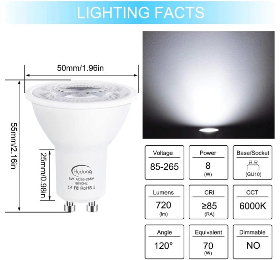 Светодиодные лампы HYDONG BR16-SSDQB GU10 мощностью 8 Вт, холодный белый, 6000 К, упаковка из 10 шт. (my-20210)