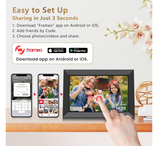 Цифровая фоторамка FANGOR 112K Frameo WiFi, 10,1-дюймовая цифровая фоторамка с сенсорным экраном HD IPS 1280x800, памятью 32 ГБ, черный (my-20060)