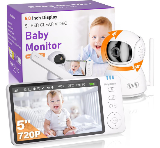 Відеоняня OBVHNUA ABM570 з 5-дюймовий HD-дисплей з камерою та нічним баченням, білий (my-20070)