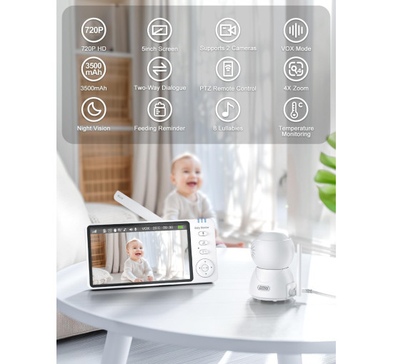 Відеоняня OBVHNUA ABM570 з 5-дюймовий HD-дисплей з камерою та нічним баченням, білий (my-20070)