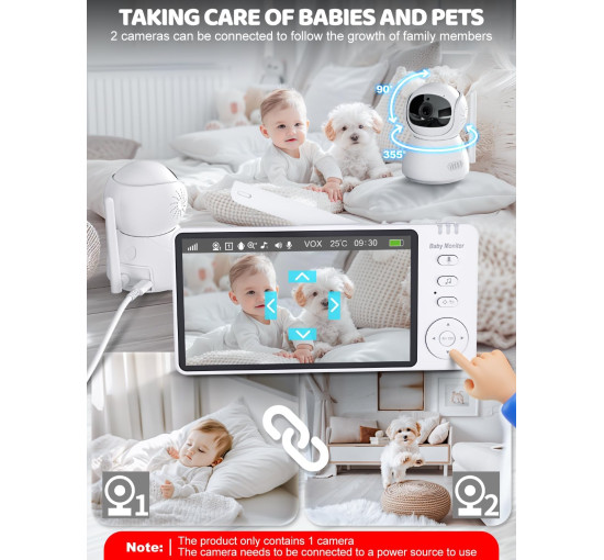 Відеоняня OBVHNUA ABM570 з 5-дюймовий HD-дисплей з камерою та нічним баченням, білий (my-20070)