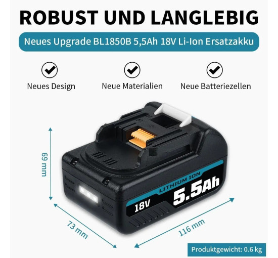 Акумулятор HOMEDAS 5,5 Ah 18V Li-ion для Makita BL1850B з індикатором рівня заряду (my-21143)