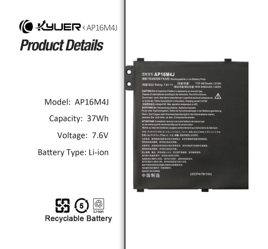 Аккумулятор K KYUER AP16M4J для ноутбука Acer Aspire, 4870mAh (my-21035)