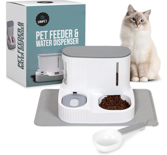 Автоматическая кормушка и поилка LAOPET с ковриком под миску, серый (my-21073)