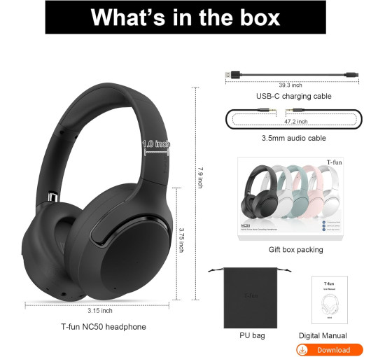 Беспроводные наушники T-fun NC50 с гибридным шумоподавлением, Bluetooth 5.3, черный (my-21075)