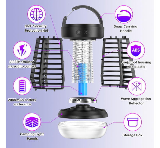 Електрична лампа Falala J10 для знищення комарів, із сіткою, 2000 В, чорний (my-21184)