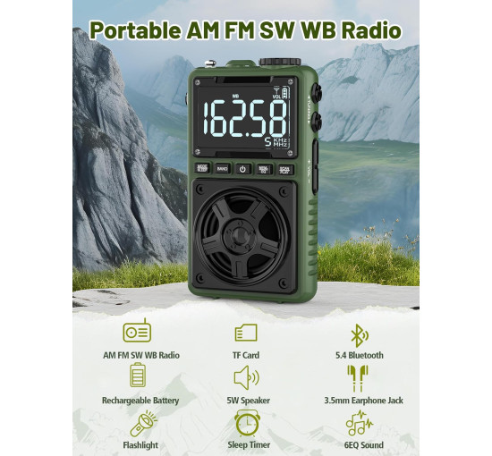 Короткохвильове радіо Jazmm AM FM з Bluetooth та погодним сповіщенням NOAA, зелений (my-21074)