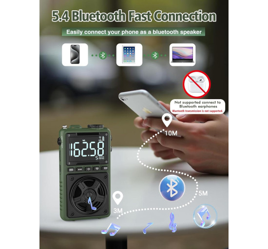 Короткохвильове радіо Jazmm AM FM з Bluetooth та погодним сповіщенням NOAA, зелений (my-21074)