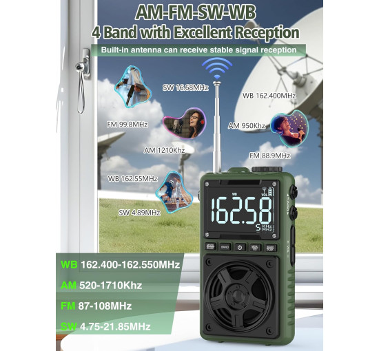 Короткохвильове радіо Jazmm AM FM з Bluetooth та погодним сповіщенням NOAA, зелений (my-21074)