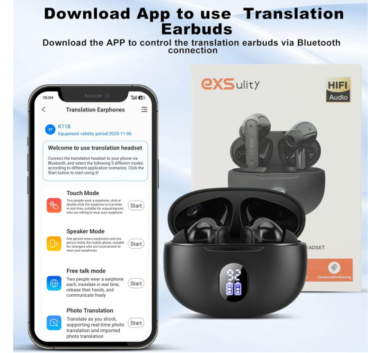 Навушники-перекладачі Exsulity Y113S зі штучним інтелектом, підтримують 144 мови, чорний (my-21103)