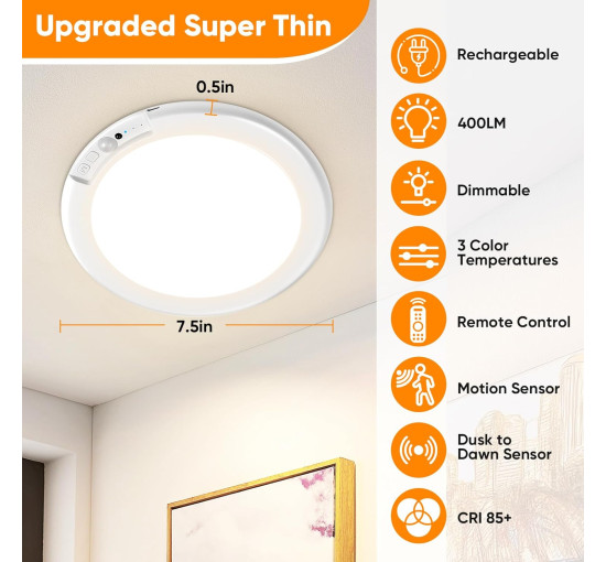 Стельовий світильник Bairth T070, що перезаряджається, з датчиком руху, білий (my-21099)