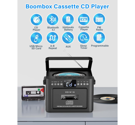 Портативний CD-плеєр Greadio CD-W16, чорний (my-21029)