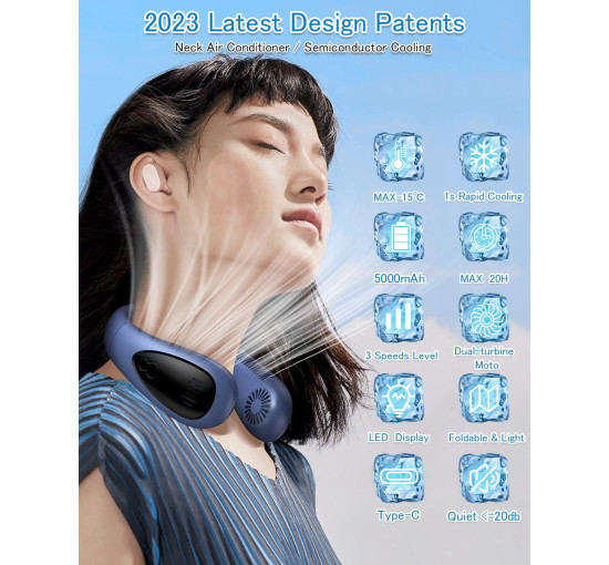 Портативний шийний вентилятор 5000 мА·год, синій (my-21071)