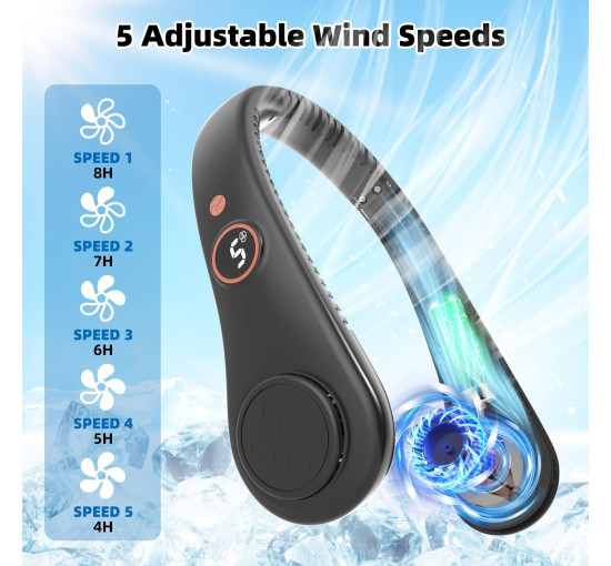 Портативный шейный вентилятор Labeol R-8 с 5 скоростями, черный (my-21173)