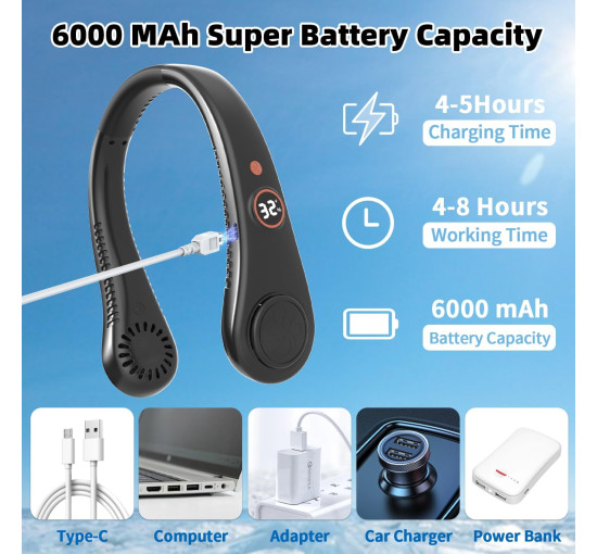 Портативный шейный вентилятор Labeol R-8 с 5 скоростями, черный (my-21173)