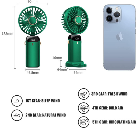 Портативний вентилятор Generic N15, 5 Вт, 3,7 В, зелений (my-21209)