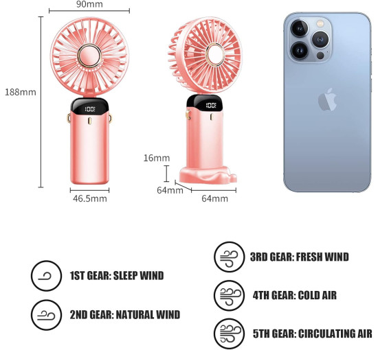 Портативный вентилятор Jsdoin N15 с зарядкой от USB, розовый (my-21211)