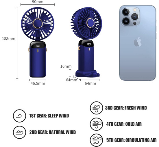 Портативний вентилятор Jsdoin N15 із зарядкою від USB, темно-синій (my-21210)