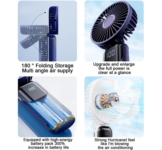Портативный вентилятор WUBAYI с 5 скоростями, USB-зарядка, синий (my-21195)