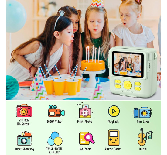 Цифрова камера Gofunly X6 з функцією миттєвого друку 1080P, зелена (my-21004)