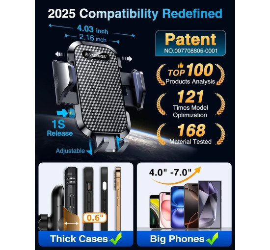 Універсальний автомобільний тримач для тефону VANMASS, чорний (my-21131)