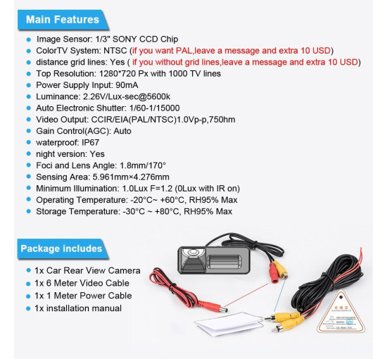 Водонепроницаемая камера заднего вида Navinio NV8099-NEW-FBA с ночным видением и углом обзора 170° (my-21158)