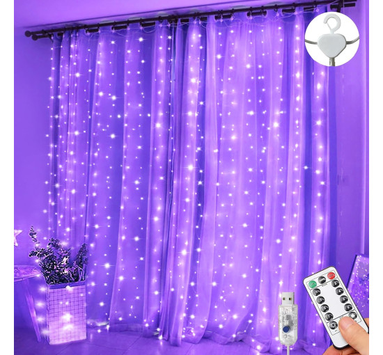 Водонепроницаемый светильник-гирлянда Lezonic для штор, 3 м × 3 м, 300 светодиодов, фиолетовый (my-21151)