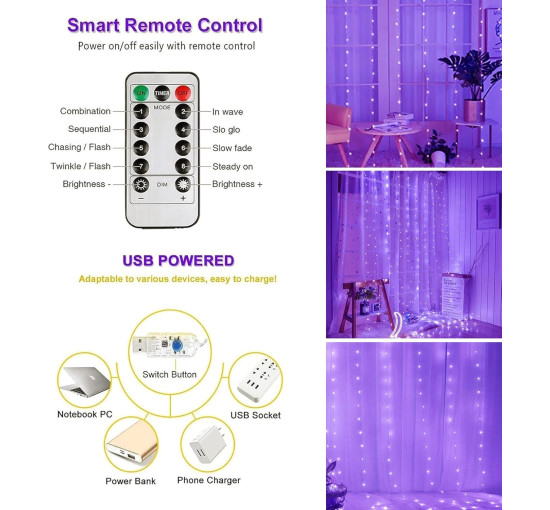 Водонепроницаемый светильник-гирлянда Lezonic для штор, 3 м × 3 м, 300 светодиодов, фиолетовый (my-21151)