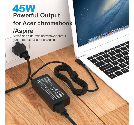 Зарядний пристрій Quekawi DL45190237 для ноутбука потужністю 45 Вт, сумісний з Acer, чорний (my-21125)