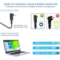 Зарядний пристрій Quekawi DL45190237 для ноутбука потужністю 45 Вт, сумісний з Acer, чорний (my-21125)