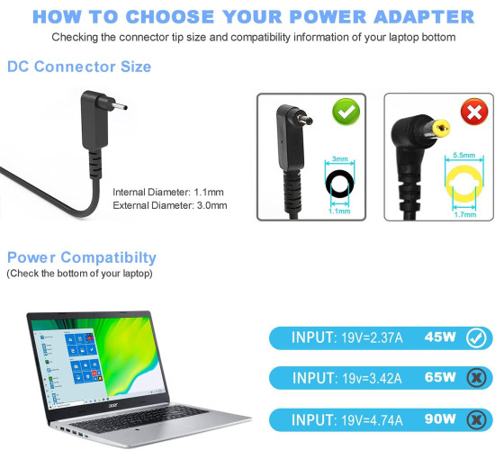 Зарядний пристрій Quekawi DL45190237 для ноутбука потужністю 45 Вт, сумісний з Acer, чорний (my-21125)