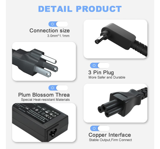 Зарядний пристрій Quekawi DL45190237 для ноутбука потужністю 45 Вт, сумісний з Acer, чорний (my-21125)