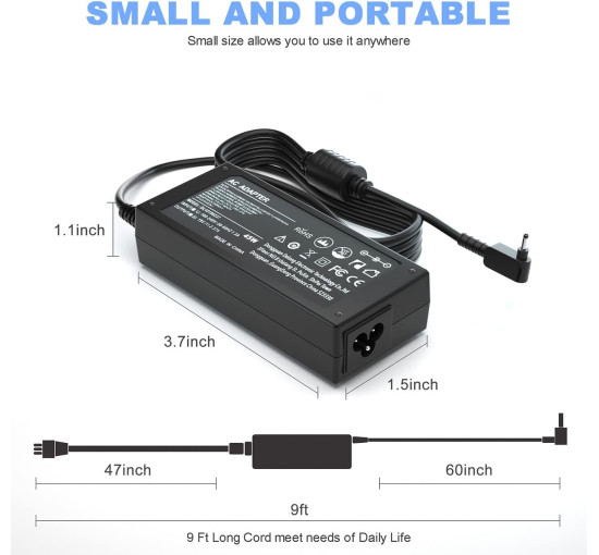 Зарядний пристрій Quekawi DL45190237 для ноутбука потужністю 45 Вт, сумісний з Acer, чорний (my-21125)