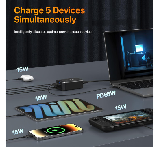 Быстрое зарядное устройство Sccvee USB-C мощностью 125 Вт поддержка PD/USB-A (6019)