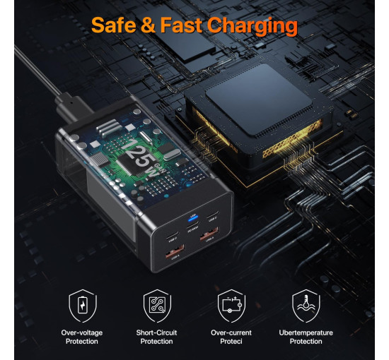 Быстрое зарядное устройство Sccvee USB-C мощностью 125 Вт поддержка PD/USB-A (6019)