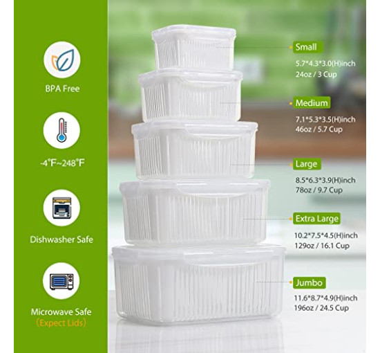 Контейнеры LUXEAR для хранения продуктов с крышкой и дуршлагом набор из 5 шт (6055)