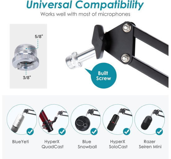 Кронштейн для микрофона YOUSHARES совместим с Blue Yeti/HyperX QuadCast черный (6015)