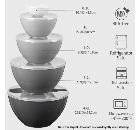 Набір LUXEAR із 5 мисок для підготовки продуктів 5 кришок та 2 кухонних ложок чорний (6060)