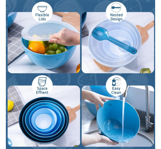 Набор LUXEAR из 6 мисок для подготовки продуктов 6 крышек и 2 кухонных ложек синий (6059)