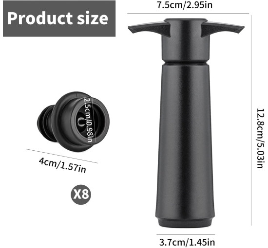 Вакуумний насос для вина з 8 пробками чорний (6029)